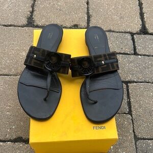 Fendi Brown and Black Logo Strap Thong Sandals